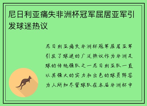 尼日利亚痛失非洲杯冠军屈居亚军引发球迷热议